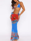 ZASUWA Female Halter Flower Print Mesh 3-Pieces Bikini Set