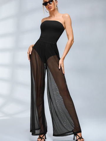 🖤ZASUWA Female Sexy Sheer Mesh Backless Flare Jumpsuit