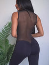 ❤ZASUWA Female Sexy Sheer Mesh Back Deep V Back Scrunch Bum Zipper Jumpsuit