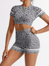 ZASUWA Female Leopard Print Stripes Deep V Back Short Tracksuit