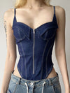 ZASUWA Female Sexy Denim Zipper Push Elastic Tight Bodysuit