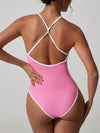 ZASUWA Female V Collar Cross Back Contrast Color Stripes Bodysuit