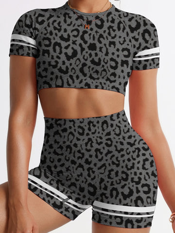 ZASUWA Female Leopard Print Stripes Deep V Back Short Tracksuit