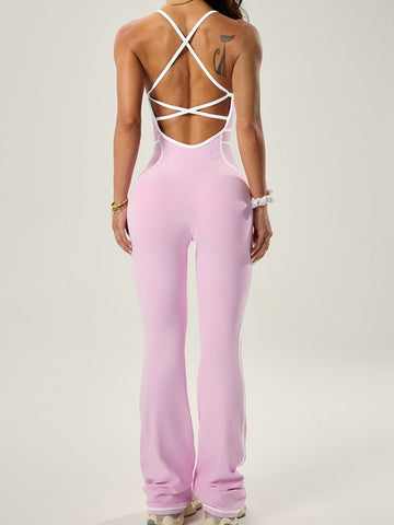 ZASUWA Female Sexy Contrast Color Stripes Cross Back Flare Jumpsuit