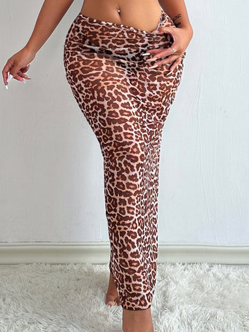 ZASUWA Female Sexy Sheer Mesh Leopard Print Without Bikini Set Swimwear Cover Dress