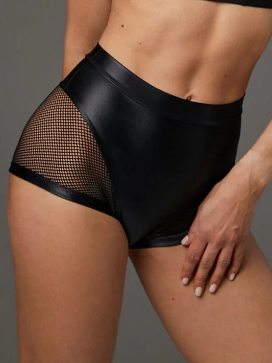 ❤ZASUWA Female Sexy Faux Leather Fishnet Micro Hot Shorts
