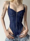 ZASUWA Female Sexy Denim Zipper Push Elastic Tight Bodysuit