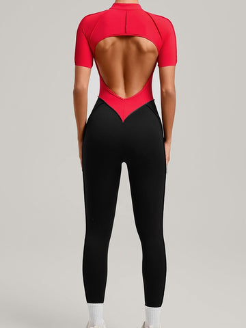 ZASUWA Female Contrast Color Backless Stitch Zipper Jumpsuit