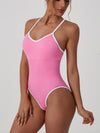 ZASUWA Female V Collar Cross Back Contrast Color Stripes Bodysuit