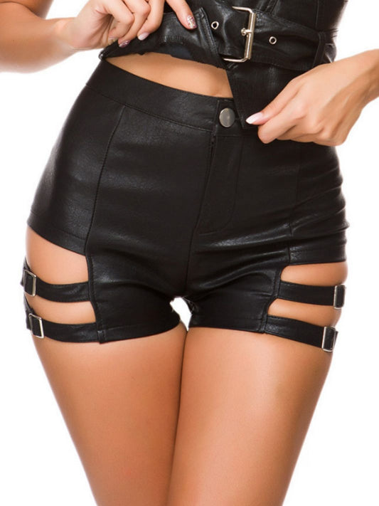 ZASUWA Female Faux Leather Hollow Out Gym Booty Shorts