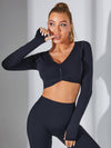 ZASUWA Female Deep V Back Scrunch Bum Flare Front Folds Thumbhole Leggings