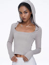 ZASUWA Female Solid Color Hollow Out Hooded Elastic Tight Long Sleeves