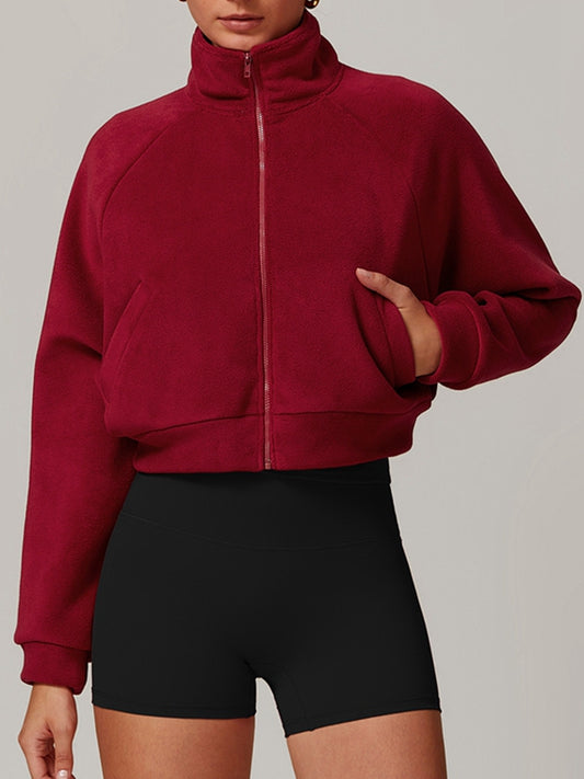 ZASUWA Female Fleece Stand Up Collar Zipper Cropped Hoodie