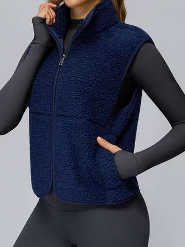 ZASUWA Female Fleece Zipper Pocket Stand Up Collar Vest Jacket