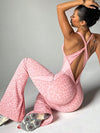 ZASUWA Female Sexy Leopard Print Hollow Out Cross Back Deep V Back Jumpsuit