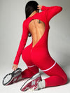 ZASUWA Female Backless Ribbed Deep V Back Long Sleeves Jumpsuit