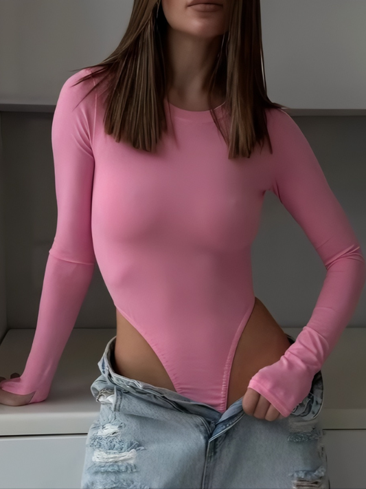 ZASUWA Female Trendy Long-Sleeve Crew Neck Backless Bodysuits