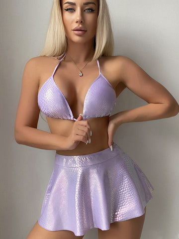 ZASUWA Female Solid Color Snake Print Backless Bikini Set