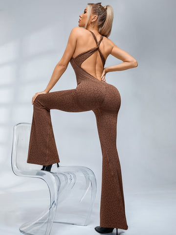 ZASUWA Female Sexy Leopard Print Hollow Out Cross Back Deep V Back Jumpsuit