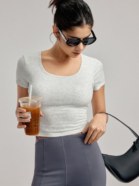 ZASUWA Female Hollow Out Backless U Collar Ribbed Short Sleeves