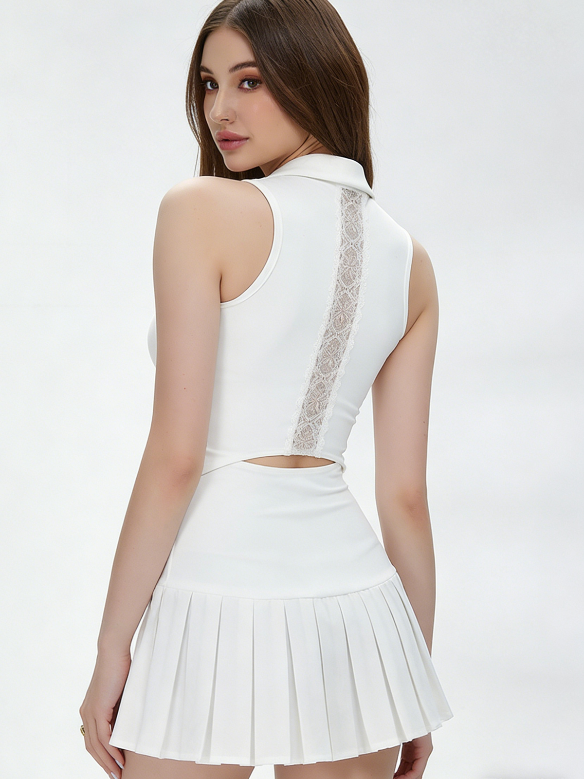 Solid Color Stand Up Collar Lace Hollow Out Tennis Dress