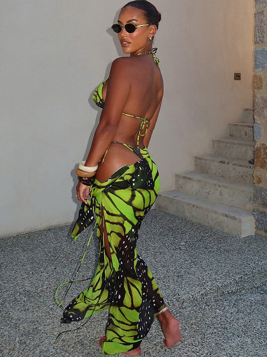 ZASUWA Female Sexy Hot Tie-dye Butterfly Print Mesh 3-Pieces Bikini Set