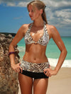 ZASUWA Female Leopard Print Halter Contrast Color Backless Short Tracksuit