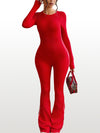 ZASUWA Female Backless Ribbed Scrunch Bum Long Sleeves Flared Jumpsuit
