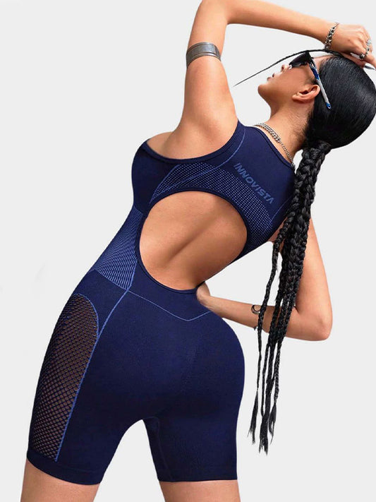 ZASUWA Female Hollow Out Net Zipper Push Up Design Elastic Tight Romper