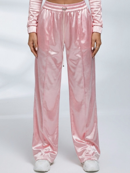 Satin Zip‑Up Cropped Jacket & Wide Leg Pants 2‑Piece Set