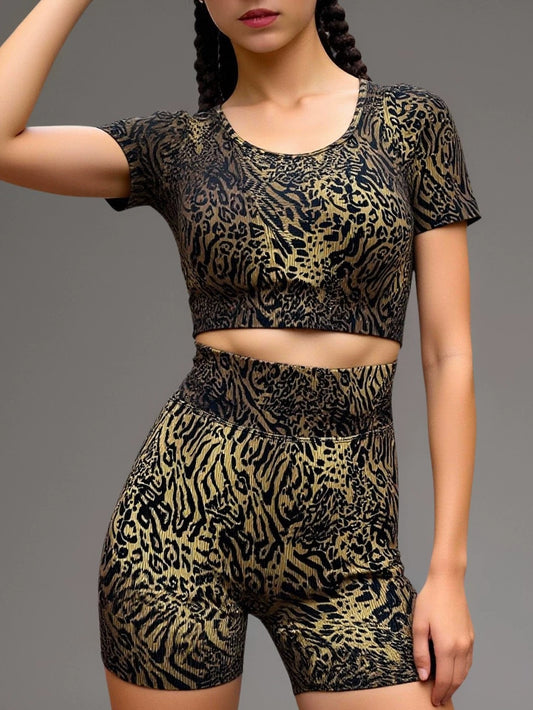 ZASUWA Female Leopard Print U Collar Short Tracksuit