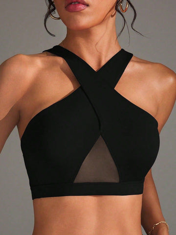 ZASUWA Female Sexy Solid Color Sheer Mesh Cross Tank