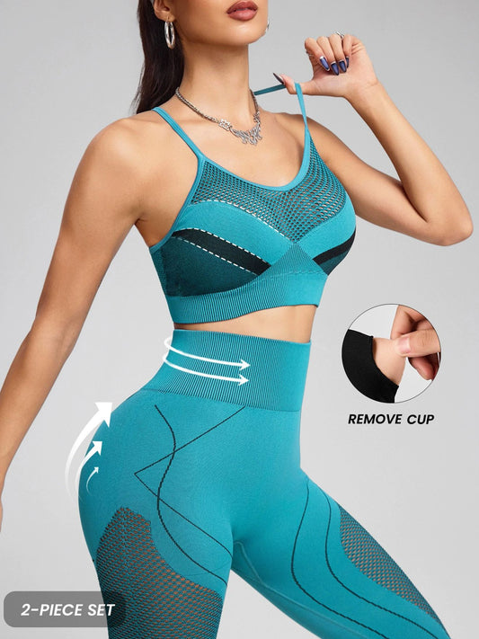 ZASUWA Female Contrast Color Cross Back Fishnet Stripe Print Tracksuit