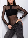 ZASUWA Female Zipper-Accent Sexy Sheer Mesh Long-Sleeve Bodysuit