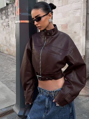 ZASUWA Female Zipper PU Trench Collar Buttons Jackets