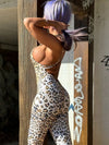 ZASUWA Female Wild Leopard Print Deep V Back Backless Scrunch Bum Jumpsuit