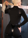 Faux Leather Zipper Stand Collar Push Up Jumpsuit