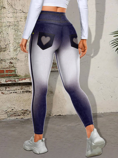 Ombre Faux Denim Pocket Heart Print Leggings