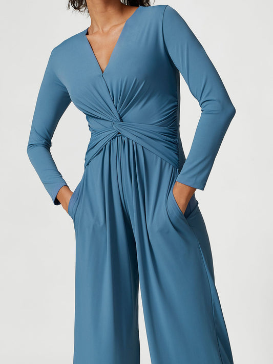 ZASUWA Female Deep V Collar Folds Twist Split Jumpsuit