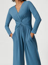 ZASUWA Female Deep V Collar Folds Twist Split Jumpsuit