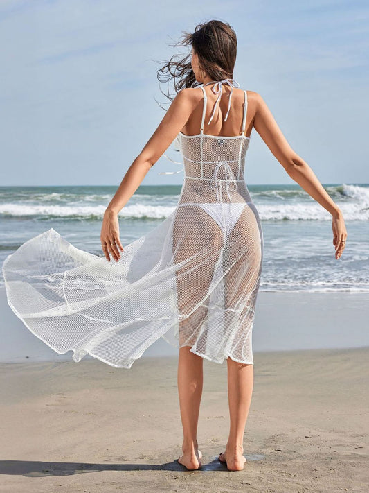 ZASUWA Female Sexy Fishnet Flower V-neck Swimwear Cover Dress Without Bikini