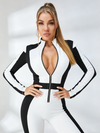 "SciFi Heroine" Contrast Color PU Half Zipper Jumpsuit