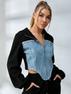 Contrast Color Denim Zipper Hoodie