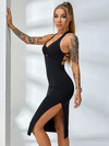 Solid Color Cross Back Hollow Out Split Dress