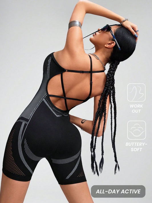 ZASUWA Female Hollow Out Net Cross Back Elastic Tight Romper