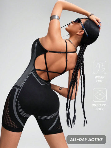 ZASUWA Female Hollow Out Net Cross Back Elastic Tight Romper