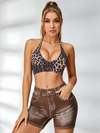 Leopard Print Faux Denim Halter With Chest Pads Short Tracksuit