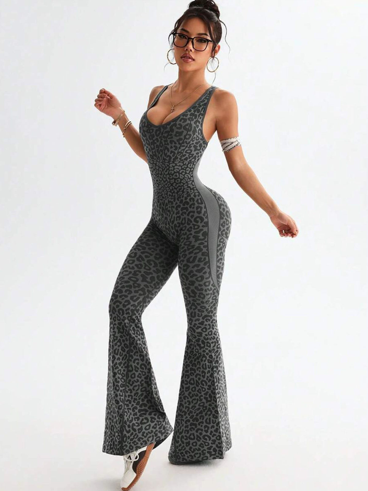 Sexy Leopard Print Hollow Out Cross Back Deep V Back Jumpsuit