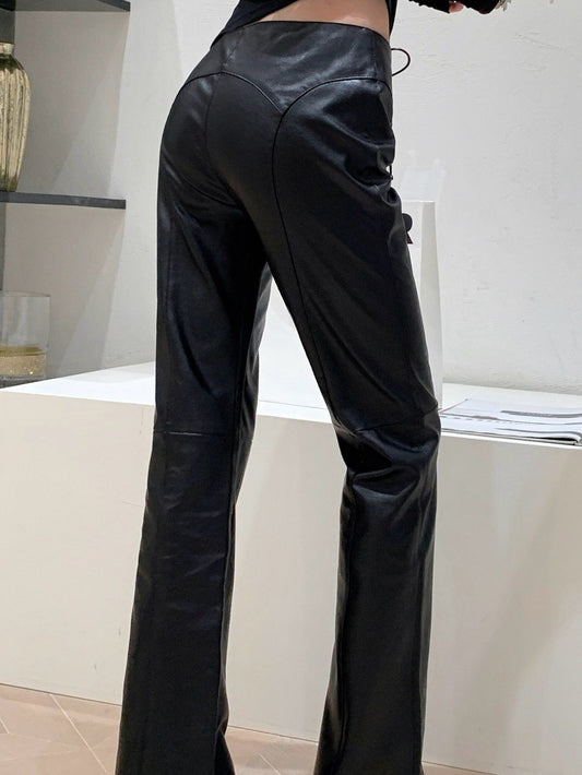 ZASUWA Female Sexy Faux Leather Push Up Design Lace-up Split Leggings