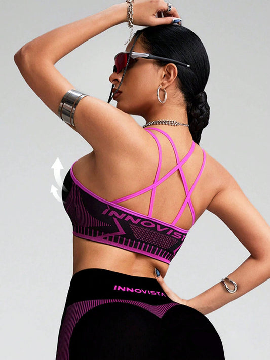 ZASUWA Female Contrast Color Fishnet Cross Back Stripe Print Push Up Design Tracksuit